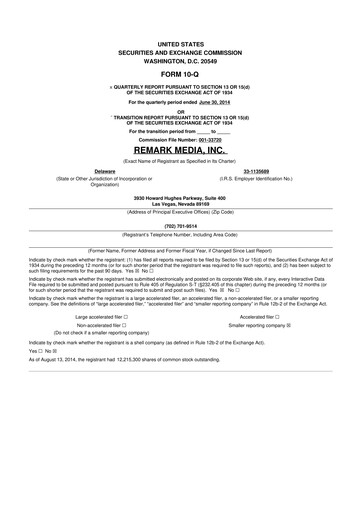 Thumbnail Remark Holdings 10-Q Quarterly Report FY2014 