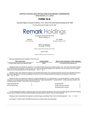 Thumbnail Remark Holdings 10-Q Quarterly Report FY2020 