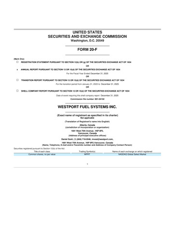 Thumbnail Westport Fuel Systems 20-F Annual Report 