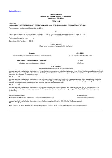 Miniature Owens Corning
 10-Q Rapport trimestriel 2016 