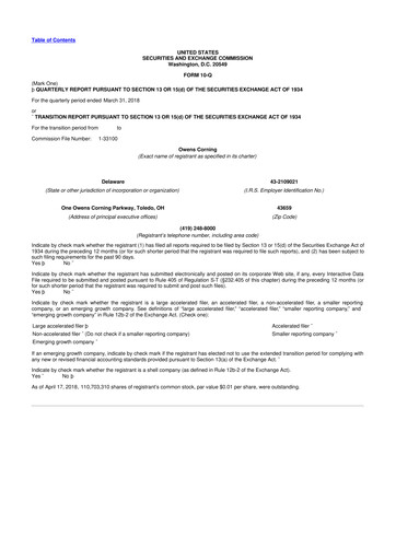 Miniature Owens Corning
 10-Q Rapport trimestriel 2018 