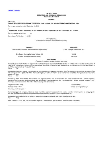 Miniature Owens Corning
 10-Q Rapport trimestriel 2018 