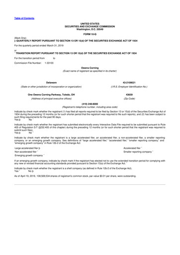 Miniature Owens Corning
 10-Q Rapport trimestriel 2019 