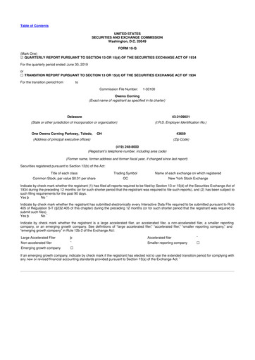 Miniature Owens Corning
 10-Q Rapport trimestriel 2019 