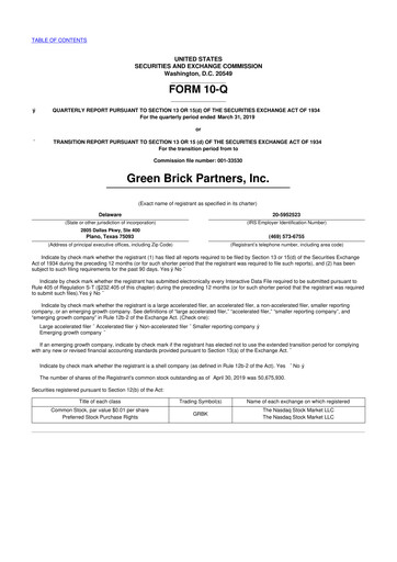 Thumbnail Green Brick Partners
 10-Q Quarterly Report FY2019 