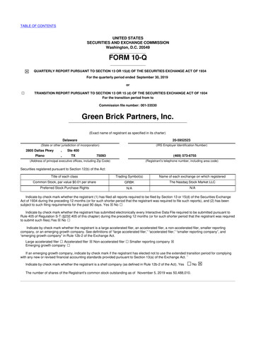 Thumbnail Green Brick Partners
 10-Q Quarterly Report FY2019 