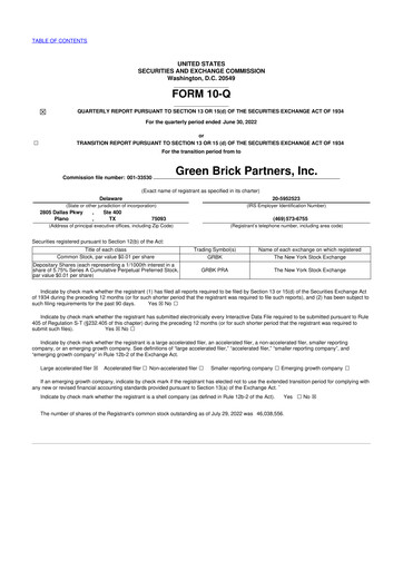 Thumbnail Green Brick Partners
 10-Q Quarterly Report FY2022 