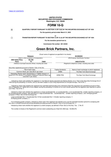 Thumbnail Green Brick Partners
 10-Q Quarterly Report FY2023 