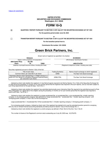 Thumbnail Green Brick Partners
 10-Q Quarterly Report FY2023 