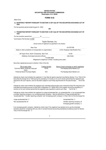 Miniature Taylor Devices 10-Q Rapport trimestriel 2025 