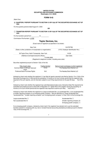 Miniature Taylor Devices 10-Q Rapport trimestriel 2026 