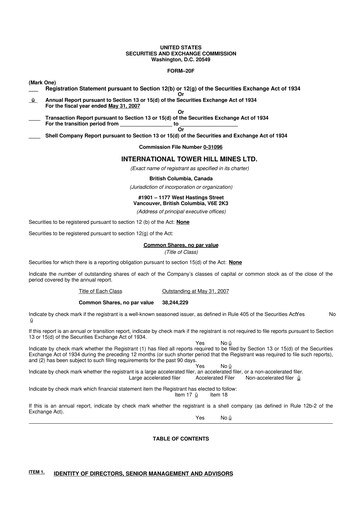Thumbnail International Tower Hill Mines 20-F Annual Report 