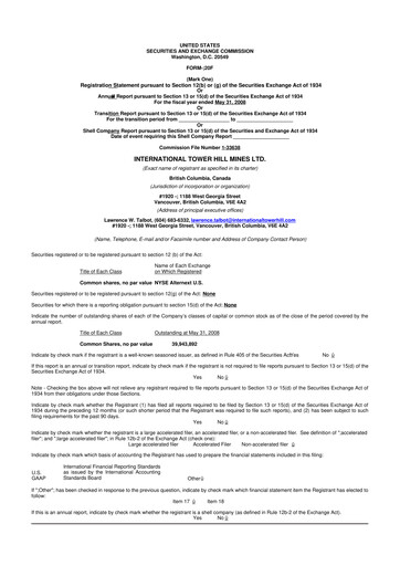 Thumbnail International Tower Hill Mines 20-F Annual Report 