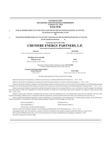 Thumbnail Cheniere Energy
Partners 10-K Annual Report 2012
