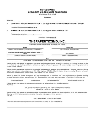 Thumbnail TherapeuticsMD 10-Q Quarterly Report FY2012 