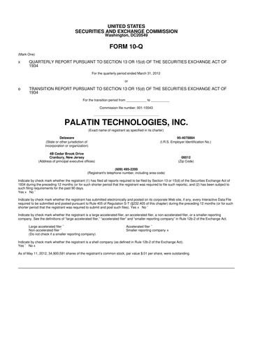 Miniature Palatin Technologies 10-Q Rapport trimestriel 2012 