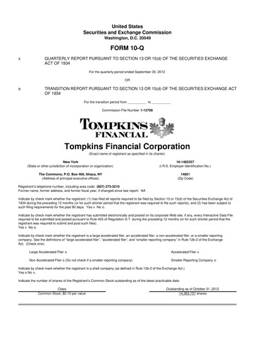 Thumbnail Tompkins Financial 10-Q Quarterly Report FY2012 