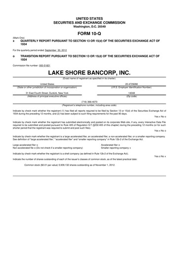 Thumbnail Lake Shore Bancorp 10-Q Quarterly Report FY2012 