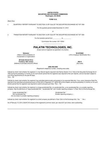 Miniature Palatin Technologies 10-Q Rapport trimestriel 2013 