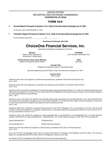 Miniature ChoiceOne Financial Services 10-K Rapport annuel 2012