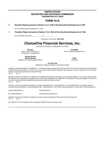 Miniature ChoiceOne Financial Services 10-Q Rapport trimestriel 2014 