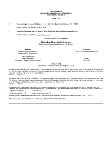 Miniature ChoiceOne Financial Services 10-Q Rapport trimestriel 2014 