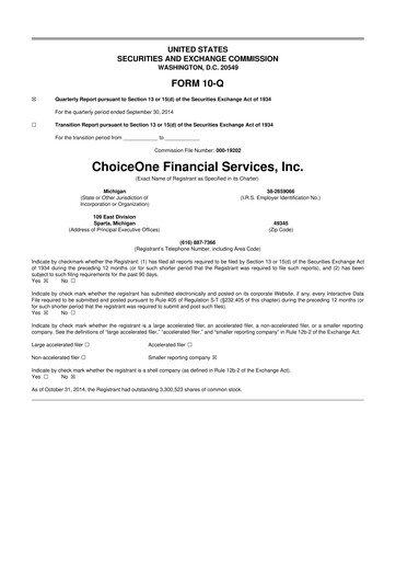 Miniature ChoiceOne Financial Services 10-Q Rapport trimestriel 2014 
