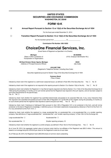 Miniature ChoiceOne Financial Services 10-K Rapport annuel 2014