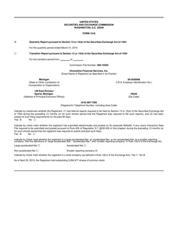 Miniature ChoiceOne Financial Services 10-Q Rapport trimestriel 2015 