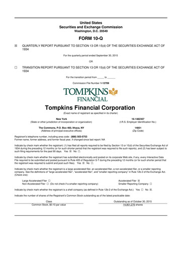 Thumbnail Tompkins Financial 10-Q Quarterly Report FY2015 