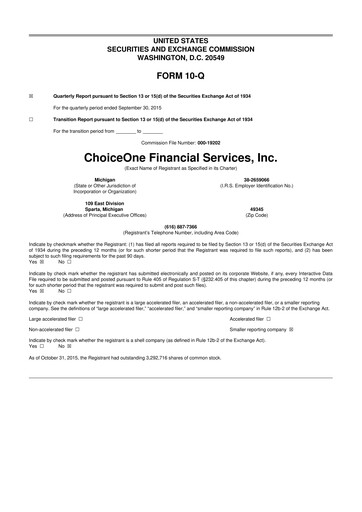 Miniature ChoiceOne Financial Services 10-Q Rapport trimestriel 2015 