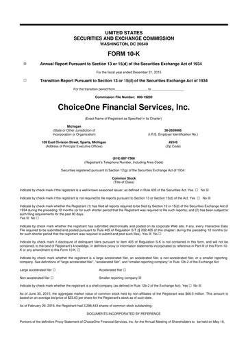 Miniature ChoiceOne Financial Services 10-K Rapport annuel 2015
