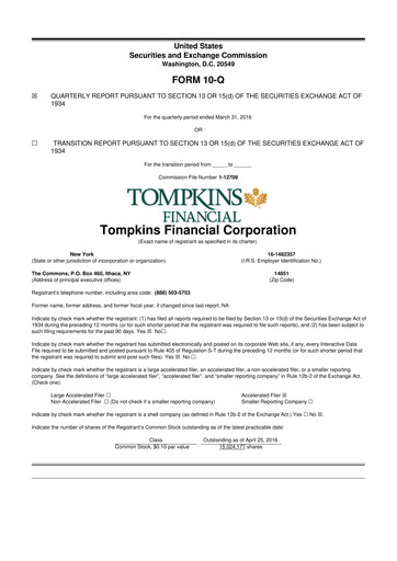 Thumbnail Tompkins Financial 10-Q Quarterly Report FY2016 