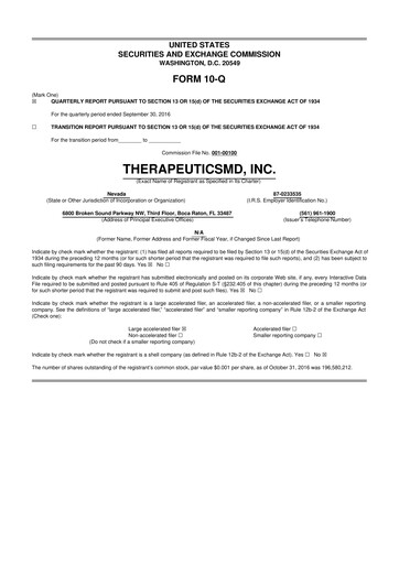 Thumbnail TherapeuticsMD 10-Q Quarterly Report FY2016 