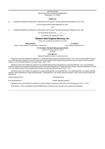 Thumbnail Western New England Bancorp 10-Q Quarterly Report FY2016 