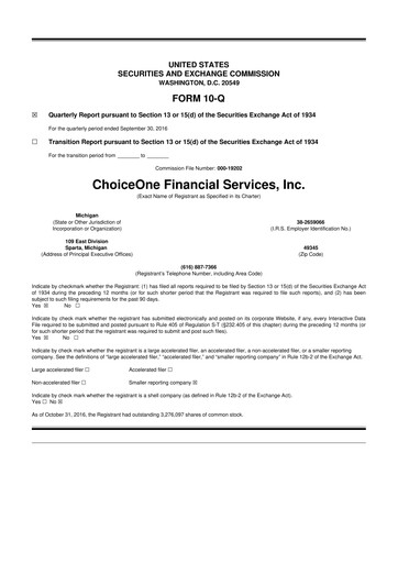 Miniature ChoiceOne Financial Services 10-Q Rapport trimestriel 2016 
