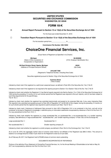Miniature ChoiceOne Financial Services 10-K Rapport annuel 2016