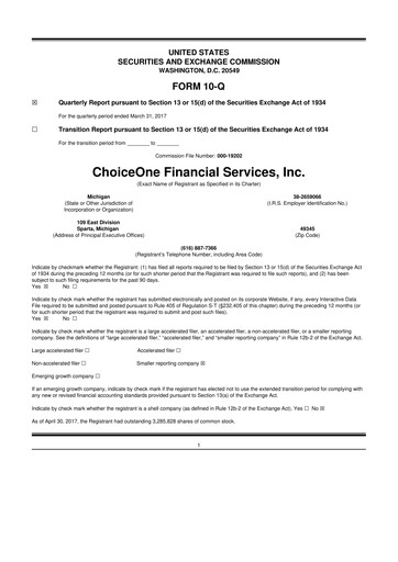Miniature ChoiceOne Financial Services 10-Q Rapport trimestriel 2017 