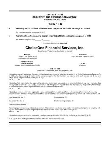 Miniature ChoiceOne Financial Services 10-Q Rapport trimestriel 2017 