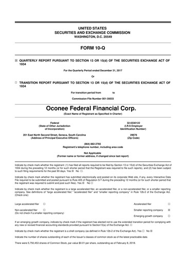 Thumbnail Oconee Federal Financial 10-Q Quarterly Report FY2018 