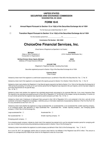Miniature ChoiceOne Financial Services 10-K Rapport annuel 2017