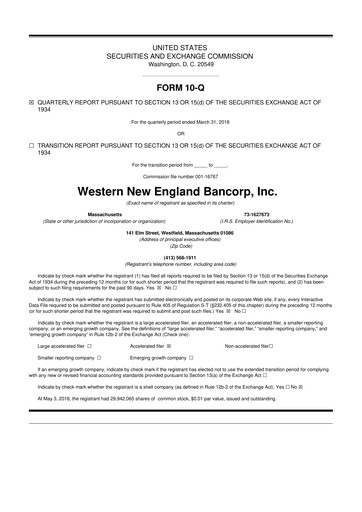 Thumbnail Western New England Bancorp 10-Q Quarterly Report FY2018 