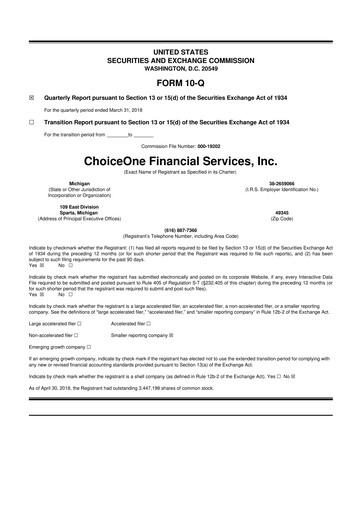 Miniature ChoiceOne Financial Services 10-Q Rapport trimestriel 2018 