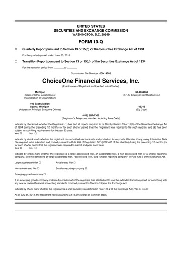 Miniature ChoiceOne Financial Services 10-Q Rapport trimestriel 2018 