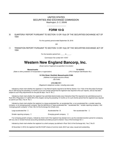 Thumbnail Western New England Bancorp 10-Q Quarterly Report FY2018 