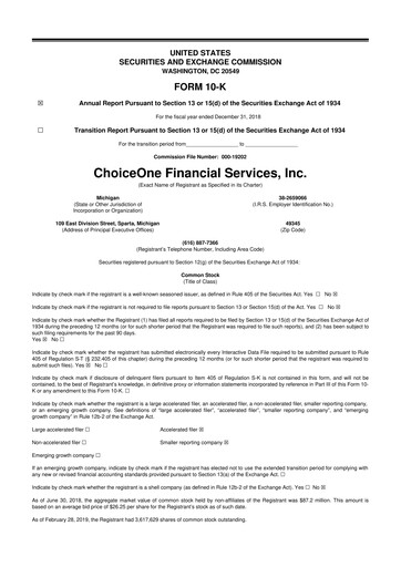 Miniature ChoiceOne Financial Services 10-K Rapport annuel 2018