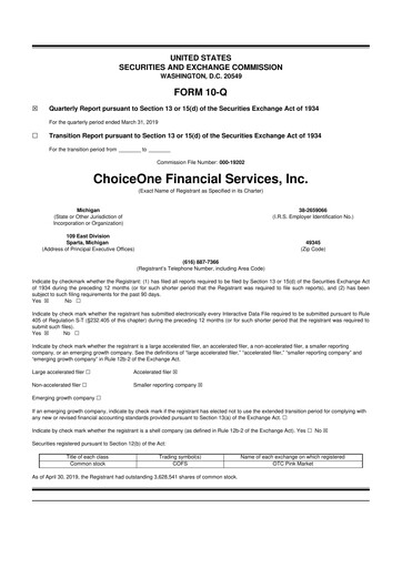 Miniature ChoiceOne Financial Services 10-Q Rapport trimestriel 2019 