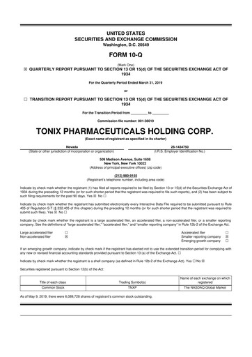 Thumbnail Tonix Pharmaceuticals 10-Q Quarterly Report FY2019 