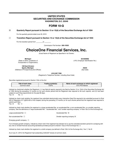 Miniature ChoiceOne Financial Services 10-Q Rapport trimestriel 2019 