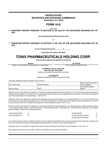 Thumbnail Tonix Pharmaceuticals 10-Q Quarterly Report FY2019 